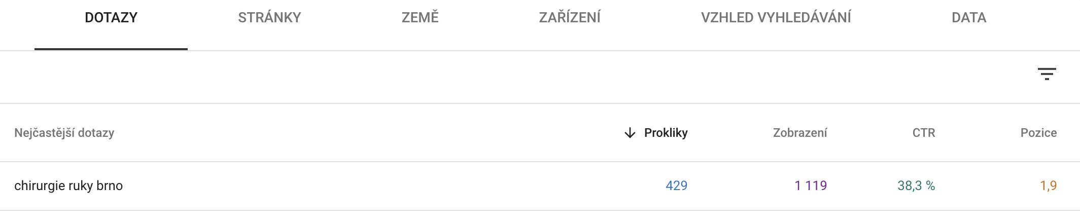 Náhled Google Search Console – detail